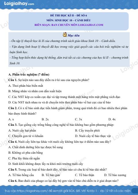 Đề thi học kì 2 Sinh 10 Cánh diều - Đề số 6